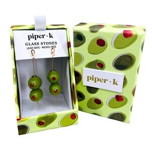 Piper K Olive Martini Drop Earrings Green Glass Bead Rhinestone NWT Gift Box